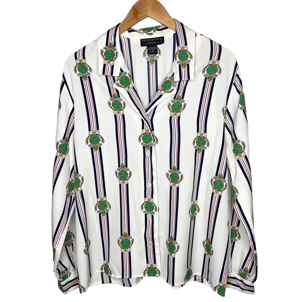 Haberdashery stripe with crest detail button down Blouse Sz 16